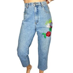 Vintage 80s Sargent Pepper 100% cotton high rise kick crop embroidered jeans 33